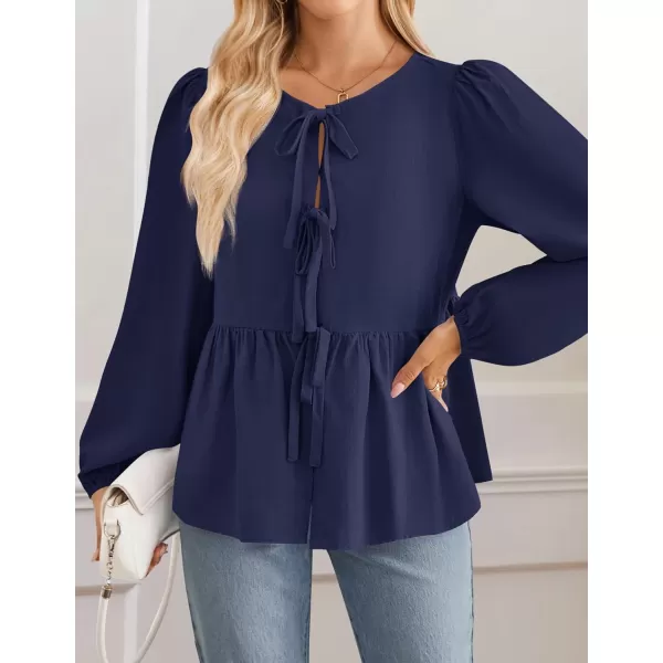 ZESICA Womens Tops Tie Front Long Puff Sleeve Button Peplum Babydoll Cute Shirts 2024 Fall Fashion BlousesNavy