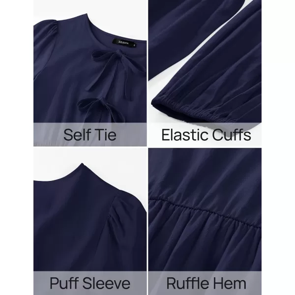 ZESICA Womens Tops Tie Front Long Puff Sleeve Button Peplum Babydoll Cute Shirts 2024 Fall Fashion BlousesNavy