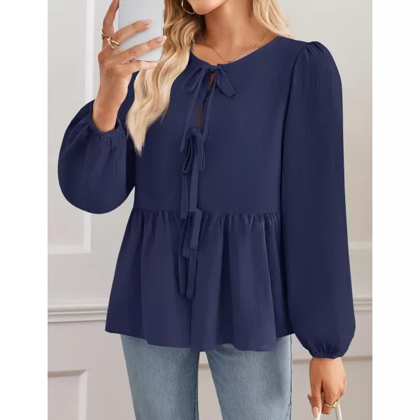 ZESICA Womens Tops Tie Front Long Puff Sleeve Button Peplum Babydoll Cute Shirts 2024 Fall Fashion BlousesNavy