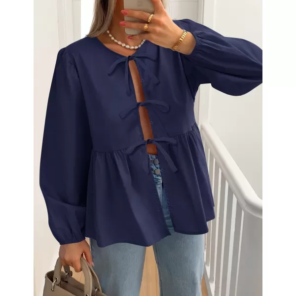 ZESICA Womens Tops Tie Front Long Puff Sleeve Button Peplum Babydoll Cute Shirts 2024 Fall Fashion BlousesNavy
