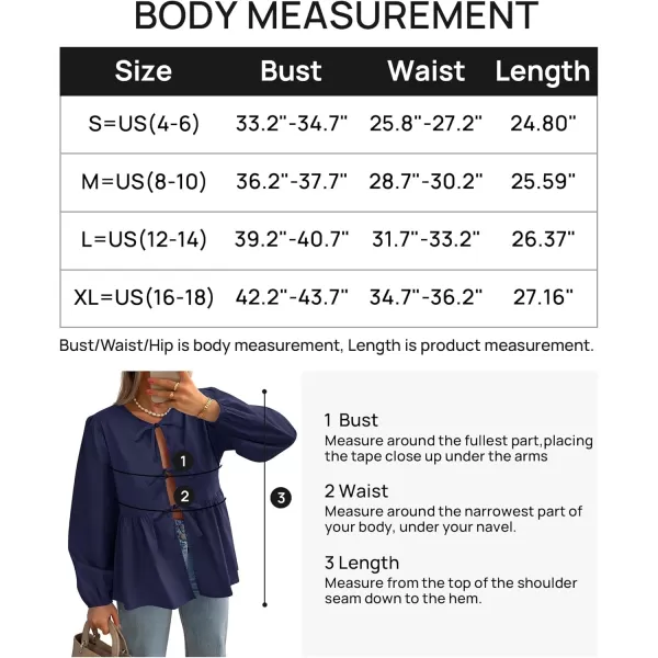 ZESICA Womens Tops Tie Front Long Puff Sleeve Button Peplum Babydoll Cute Shirts 2024 Fall Fashion BlousesNavy