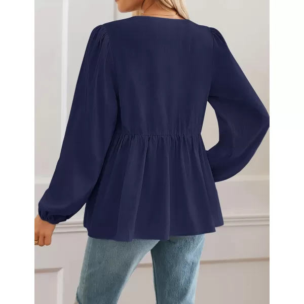 ZESICA Womens Tops Tie Front Long Puff Sleeve Button Peplum Babydoll Cute Shirts 2024 Fall Fashion BlousesNavy