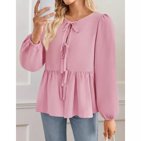 ZESICA Womens Tops Tie Front Long Puff Sleeve Button Peplum Babydoll Cute Shirts 2024 Fall Fashion BlousesPink