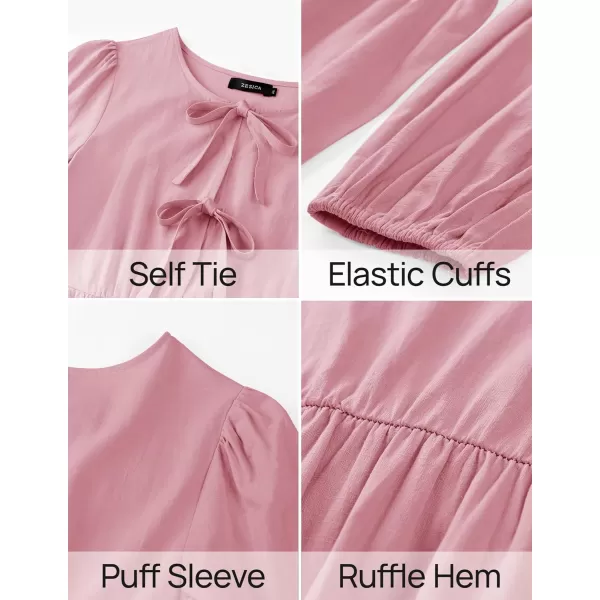 ZESICA Womens Tops Tie Front Long Puff Sleeve Button Peplum Babydoll Cute Shirts 2024 Fall Fashion BlousesPink