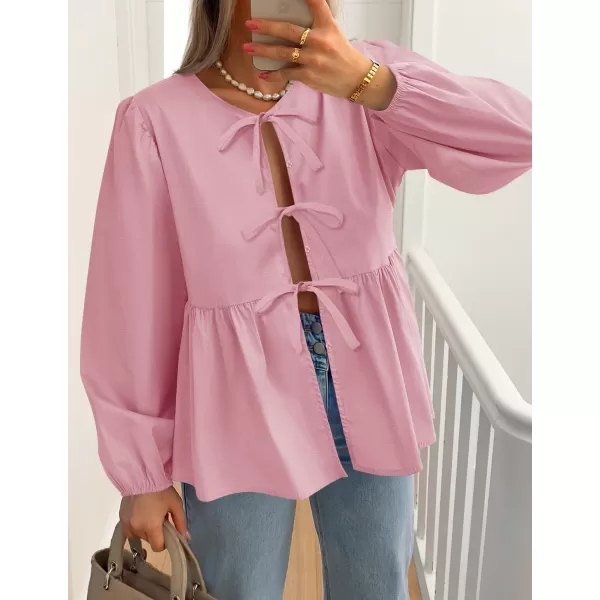 ZESICA Womens Tops Tie Front Long Puff Sleeve Button Peplum Babydoll Cute Shirts 2024 Fall Fashion BlousesPink