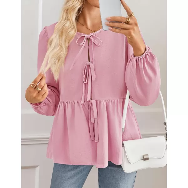 ZESICA Womens Tops Tie Front Long Puff Sleeve Button Peplum Babydoll Cute Shirts 2024 Fall Fashion BlousesPink