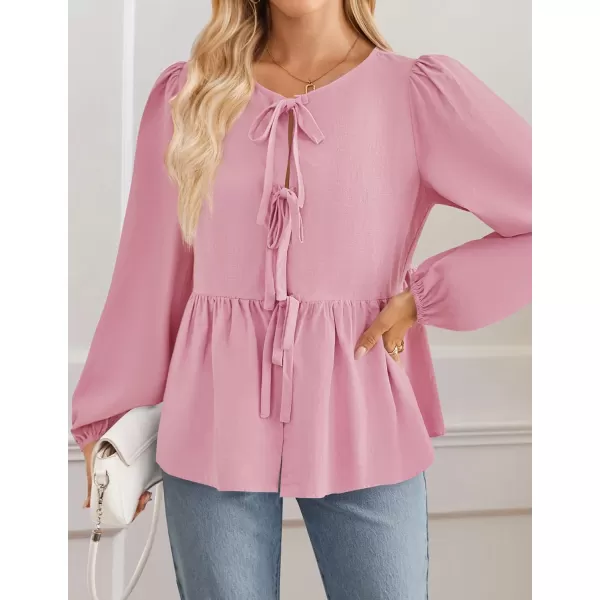 ZESICA Womens Tops Tie Front Long Puff Sleeve Button Peplum Babydoll Cute Shirts 2024 Fall Fashion BlousesPink