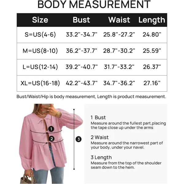 ZESICA Womens Tops Tie Front Long Puff Sleeve Button Peplum Babydoll Cute Shirts 2024 Fall Fashion BlousesPink