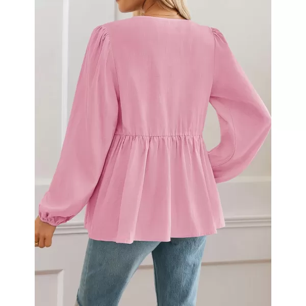 ZESICA Womens Tops Tie Front Long Puff Sleeve Button Peplum Babydoll Cute Shirts 2024 Fall Fashion BlousesPink