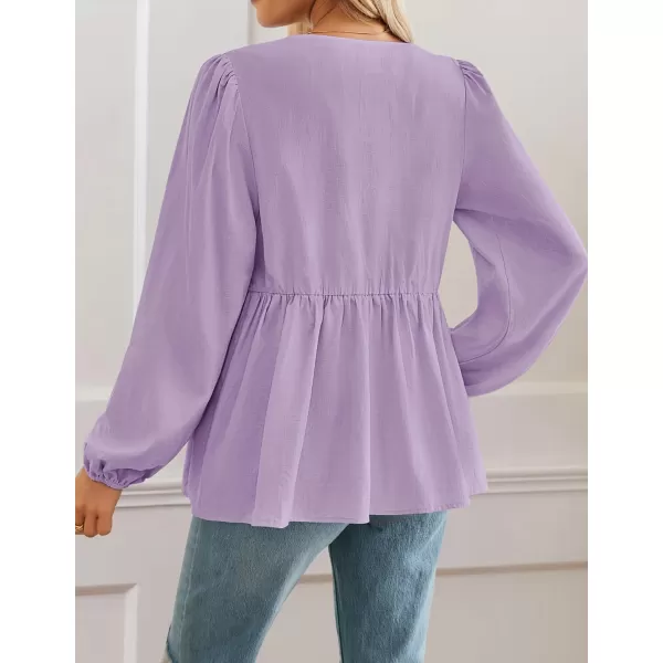 ZESICA Womens Tops Tie Front Long Puff Sleeve Button Peplum Babydoll Cute Shirts 2024 Fall Fashion BlousesPurple