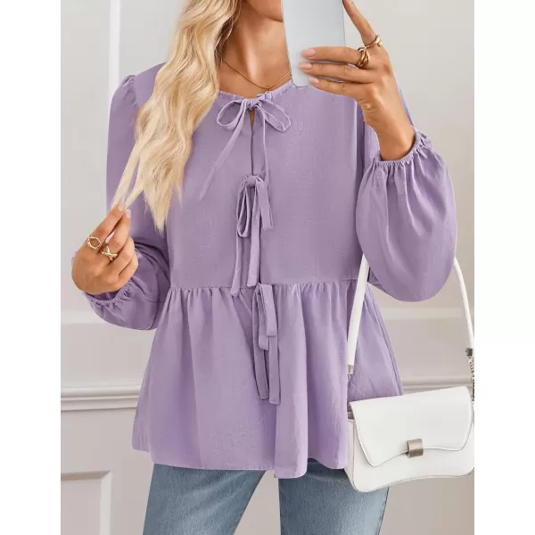 ZESICA Womens Tops Tie Front Long Puff Sleeve Button Peplum Babydoll Cute Shirts 2024 Fall Fashion BlousesPurple