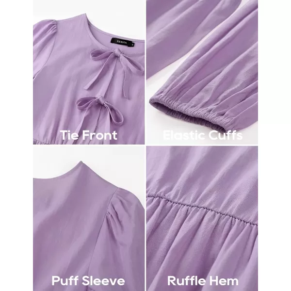 ZESICA Womens Tops Tie Front Long Puff Sleeve Button Peplum Babydoll Cute Shirts 2024 Fall Fashion BlousesPurple