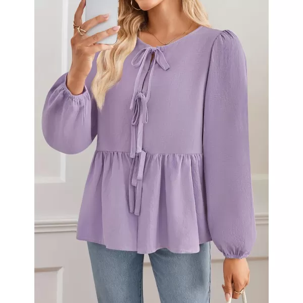 ZESICA Womens Tops Tie Front Long Puff Sleeve Button Peplum Babydoll Cute Shirts 2024 Fall Fashion BlousesPurple