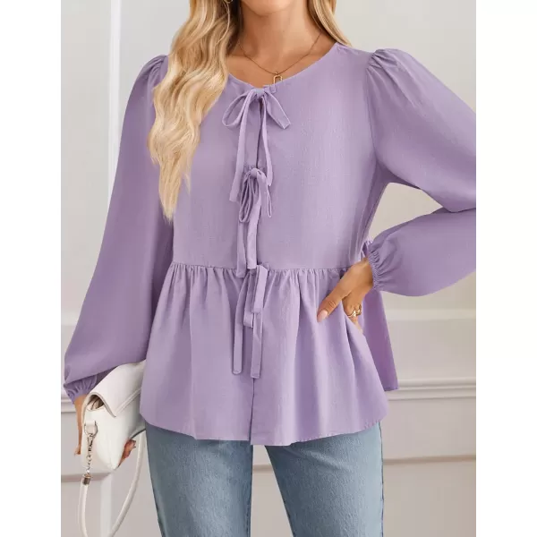 ZESICA Womens Tops Tie Front Long Puff Sleeve Button Peplum Babydoll Cute Shirts 2024 Fall Fashion BlousesPurple