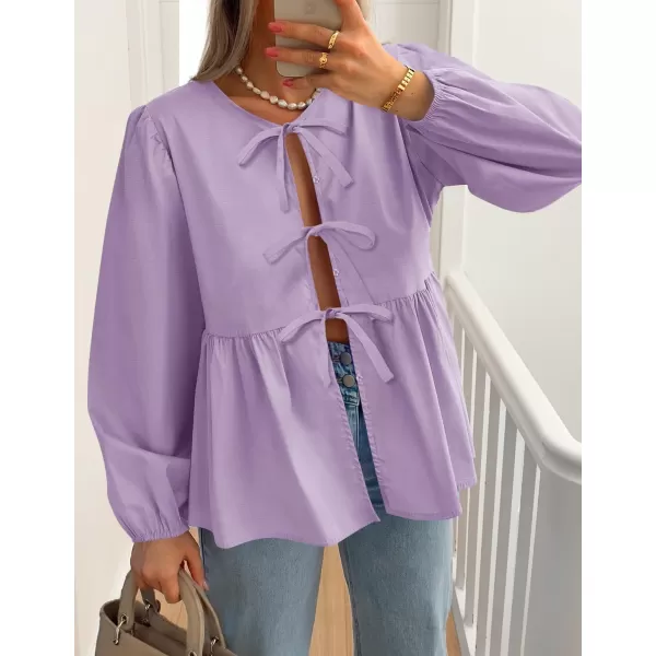 ZESICA Womens Tops Tie Front Long Puff Sleeve Button Peplum Babydoll Cute Shirts 2024 Fall Fashion BlousesPurple