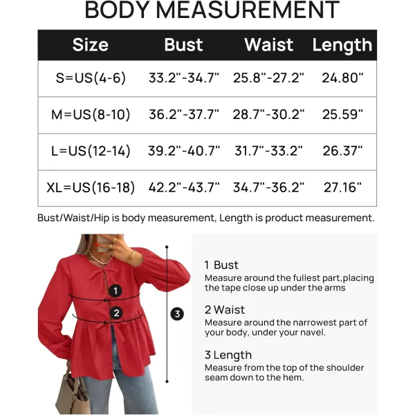 ZESICA Womens Tops Tie Front Long Puff Sleeve Button Peplum Babydoll Cute Shirts 2024 Fall Fashion BlousesRed