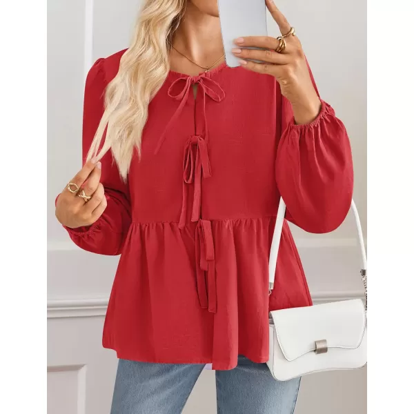 ZESICA Womens Tops Tie Front Long Puff Sleeve Button Peplum Babydoll Cute Shirts 2024 Fall Fashion BlousesRed