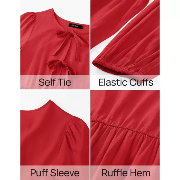 ZESICA Womens Tops Tie Front Long Puff Sleeve Button Peplum Babydoll Cute Shirts 2024 Fall Fashion BlousesRed