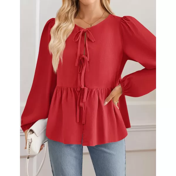 ZESICA Womens Tops Tie Front Long Puff Sleeve Button Peplum Babydoll Cute Shirts 2024 Fall Fashion BlousesRed