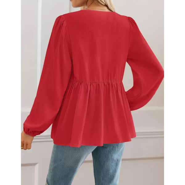ZESICA Womens Tops Tie Front Long Puff Sleeve Button Peplum Babydoll Cute Shirts 2024 Fall Fashion BlousesRed