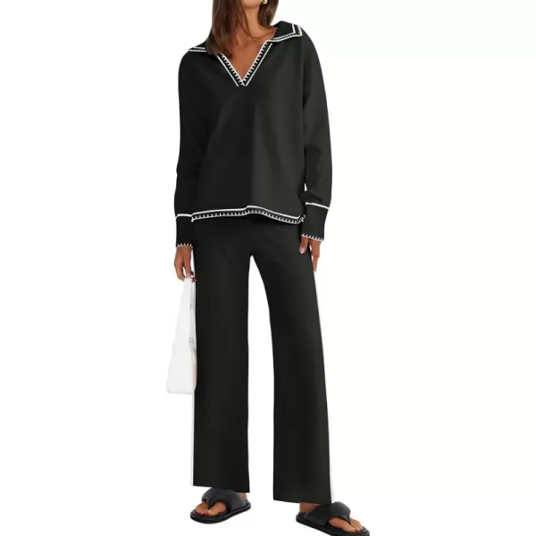 ZESICA Womens 2 Piece Fall Outfits Long Sleeve V Neck Knit Sweater Tops Wide Leg Pants Sweatsuit Lounge SetsBlack