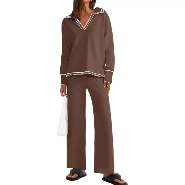 ZESICA Womens 2 Piece Fall Outfits Long Sleeve V Neck Knit Sweater Tops Wide Leg Pants Sweatsuit Lounge SetsBrown