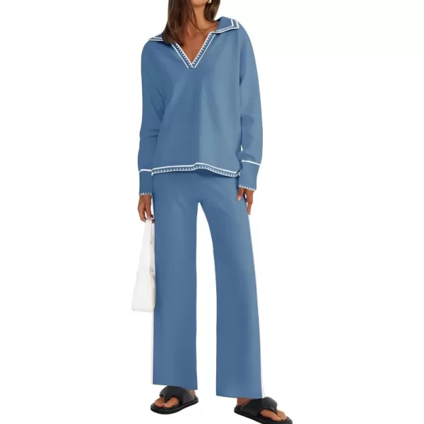 ZESICA Womens 2 Piece Fall Outfits Long Sleeve V Neck Knit Sweater Tops Wide Leg Pants Sweatsuit Lounge SetsDusty Blue