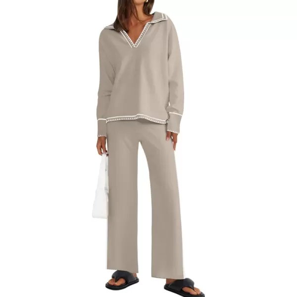 ZESICA Womens 2 Piece Fall Outfits Long Sleeve V Neck Knit Sweater Tops Wide Leg Pants Sweatsuit Lounge SetsKhaki