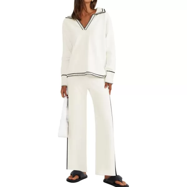 ZESICA Womens 2 Piece Fall Outfits Long Sleeve V Neck Knit Sweater Tops Wide Leg Pants Sweatsuit Lounge SetsWhite