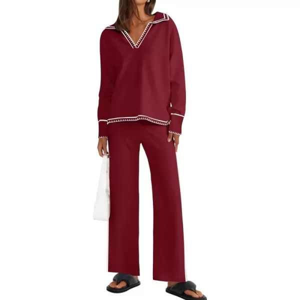 ZESICA Womens 2 Piece Fall Outfits Long Sleeve V Neck Knit Sweater Tops Wide Leg Pants Sweatsuit Lounge SetsWine