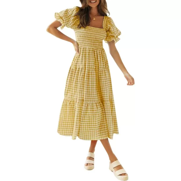 ZESICA Womens 2024 Bohemian Summer Plaid Square Neck Puff Sleeve Ruffle Flowy Beach Midi DressGinger
