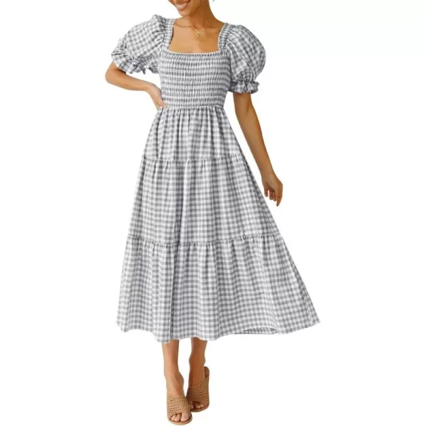 ZESICA Womens 2024 Bohemian Summer Plaid Square Neck Puff Sleeve Ruffle Flowy Beach Midi DressGrey