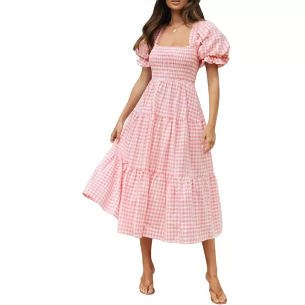 ZESICA Womens 2024 Bohemian Summer Plaid Square Neck Puff Sleeve Ruffle Flowy Beach Midi DressPink