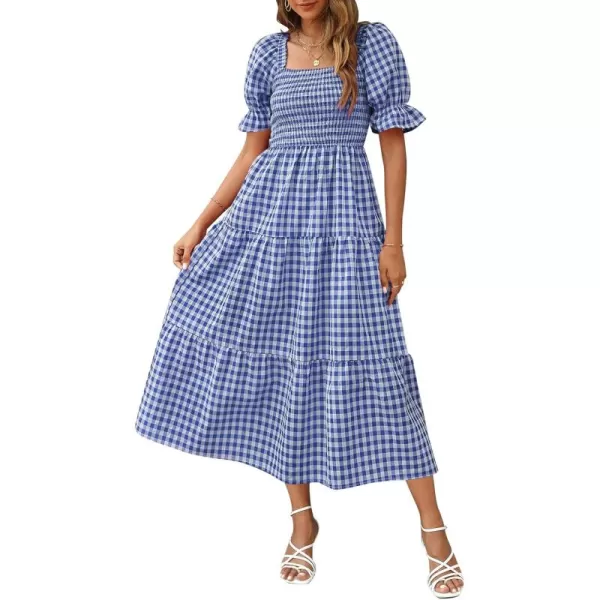 ZESICA Womens 2024 Bohemian Summer Plaid Square Neck Puff Sleeve Ruffle Flowy Beach Midi DressRoyalblue