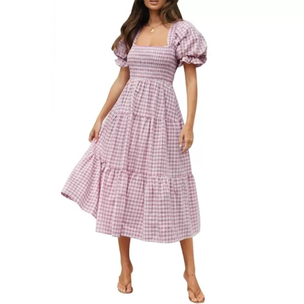 ZESICA Womens 2024 Bohemian Summer Plaid Square Neck Puff Sleeve Ruffle Flowy Beach Midi DressTaro