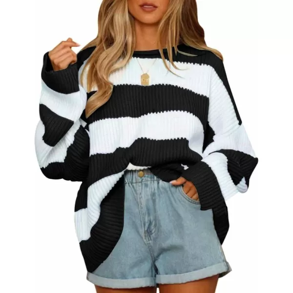 ZESICA Womens 2024 Fall Long Sleeve Crew Neck Striped Color Block Comfy Loose Oversized Knitted Pullover SweaterBlackstriped
