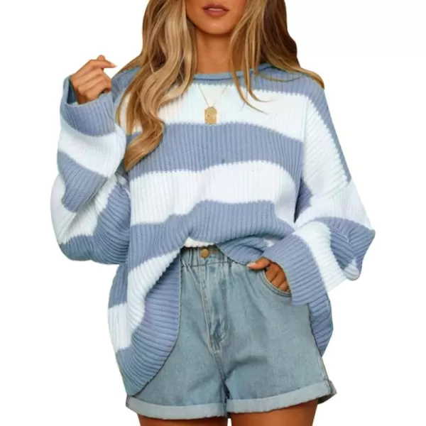 ZESICA Womens 2024 Fall Long Sleeve Crew Neck Striped Color Block Comfy Loose Oversized Knitted Pullover SweaterBlue