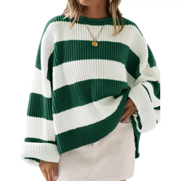 ZESICA Womens 2024 Fall Long Sleeve Crew Neck Striped Color Block Comfy Loose Oversized Knitted Pullover SweaterForestgreen