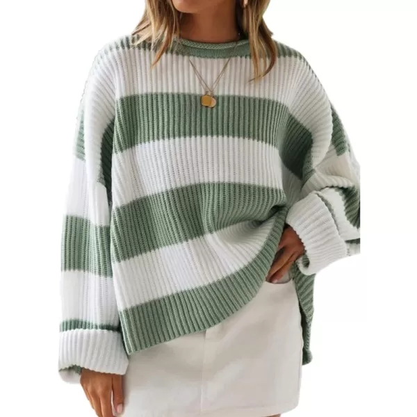 ZESICA Womens 2024 Fall Long Sleeve Crew Neck Striped Color Block Comfy Loose Oversized Knitted Pullover SweaterGreen