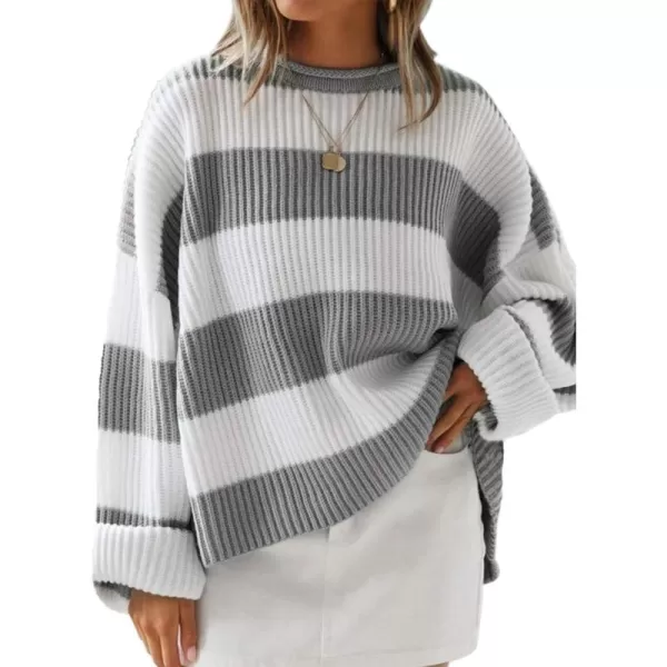 ZESICA Womens 2024 Fall Long Sleeve Crew Neck Striped Color Block Comfy Loose Oversized Knitted Pullover SweaterGrey