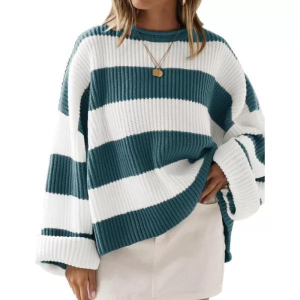 ZESICA Womens 2024 Fall Long Sleeve Crew Neck Striped Color Block Comfy Loose Oversized Knitted Pullover SweaterGreygreen