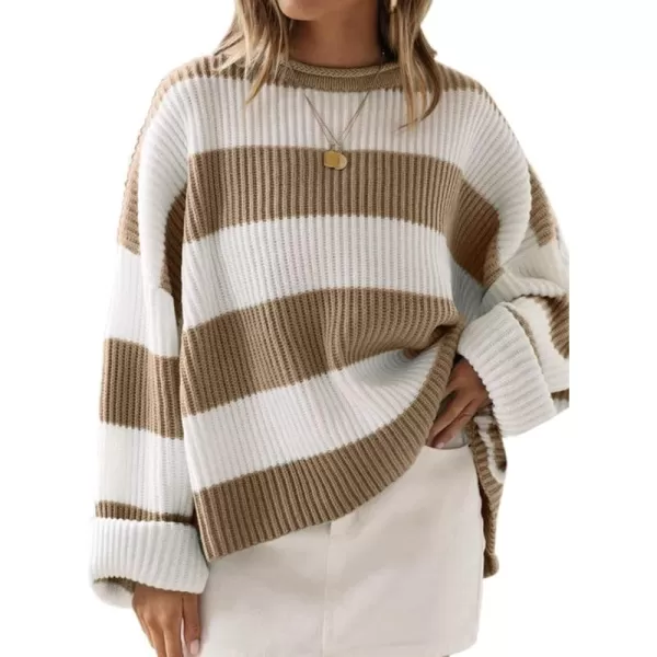 ZESICA Womens 2024 Fall Long Sleeve Crew Neck Striped Color Block Comfy Loose Oversized Knitted Pullover SweaterLightkhaki