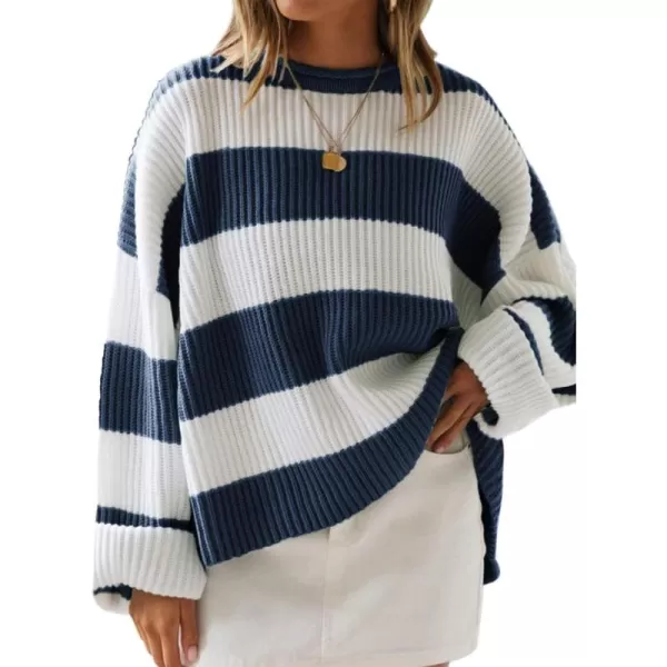 ZESICA Womens 2024 Fall Long Sleeve Crew Neck Striped Color Block Comfy Loose Oversized Knitted Pullover SweaterNavy