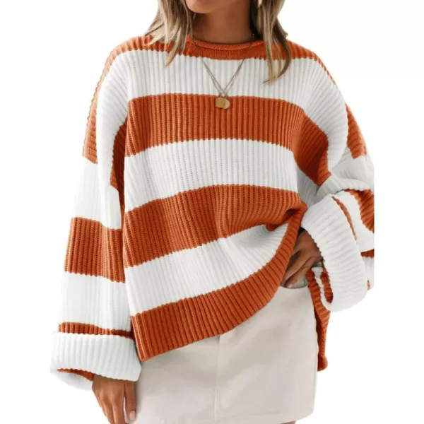 ZESICA Womens 2024 Fall Long Sleeve Crew Neck Striped Color Block Comfy Loose Oversized Knitted Pullover SweaterOrange