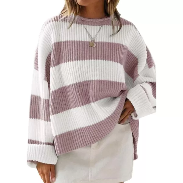 ZESICA Womens 2024 Fall Long Sleeve Crew Neck Striped Color Block Comfy Loose Oversized Knitted Pullover SweaterPink