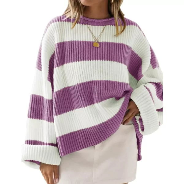 ZESICA Womens 2024 Fall Long Sleeve Crew Neck Striped Color Block Comfy Loose Oversized Knitted Pullover SweaterPurple