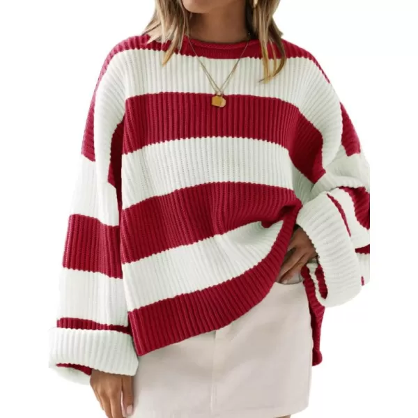 ZESICA Womens 2024 Fall Long Sleeve Crew Neck Striped Color Block Comfy Loose Oversized Knitted Pullover SweaterRed