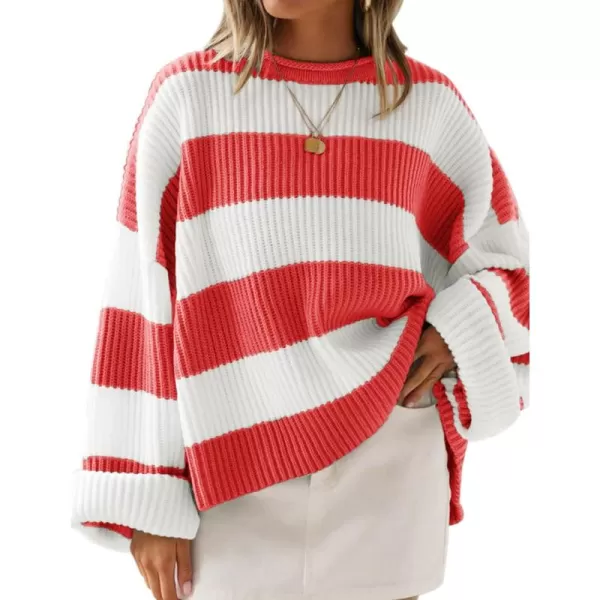 ZESICA Womens 2024 Fall Long Sleeve Crew Neck Striped Color Block Comfy Loose Oversized Knitted Pullover SweaterWatermelon