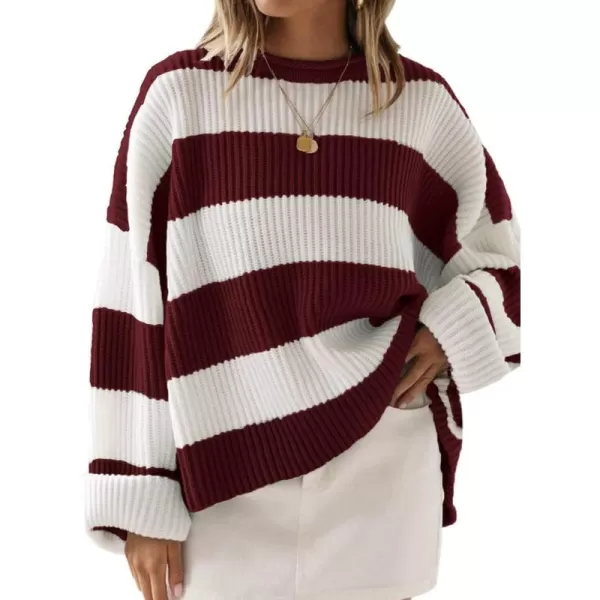 ZESICA Womens 2024 Fall Long Sleeve Crew Neck Striped Color Block Comfy Loose Oversized Knitted Pullover SweaterWine