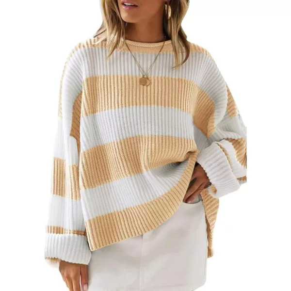 ZESICA Womens 2024 Fall Long Sleeve Crew Neck Striped Color Block Comfy Loose Oversized Knitted Pullover SweaterYellow